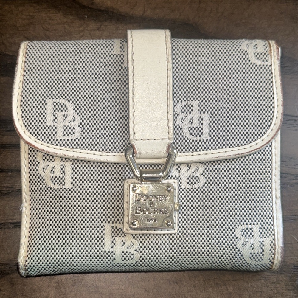 Dooney & Bourke Cream and Gray Signature Small Wallet with Logo Plate